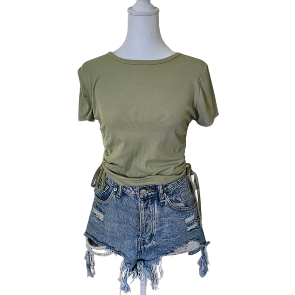 Forever 21 Ribbed Tee Side Adjustable Ruching Sage Green Size L - Picture 1 of 7
